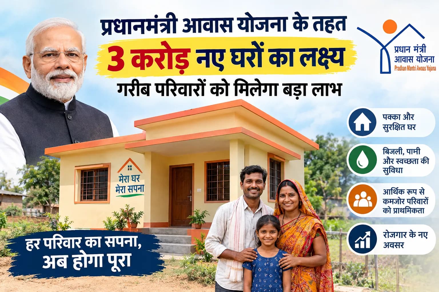 प्रधानमंत्री आवास योजना के तहत 3 करोड़ नए घरों का लक्ष्य, गरीब परिवारों को मिलेगा बड़ा लाभ